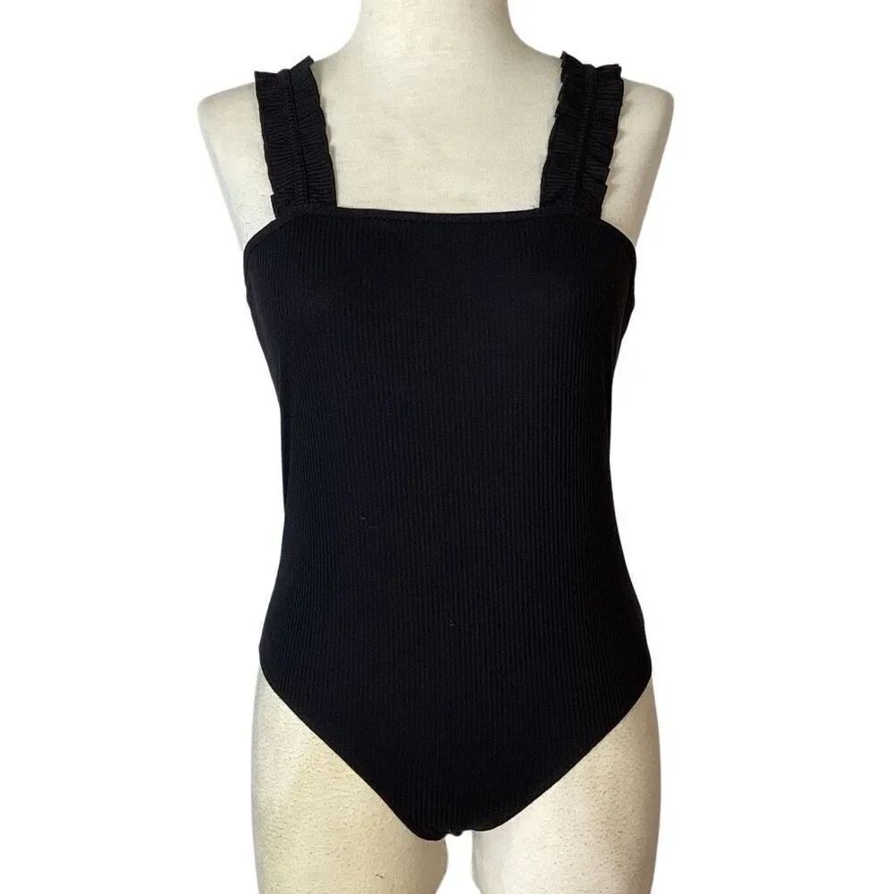 NWT Simply Southern Black Bodysuit Ribbed Knit Women’s XL Ruffled Strap